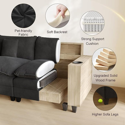 Cloud Couch, Modular Sectional Sofa with Ottoman, Charging Station, Throw Pillows, Cup Holders, Modern Convertible L Shaped Couches for Living Room, Bedroom (Classic Black, 152"- L Shape)