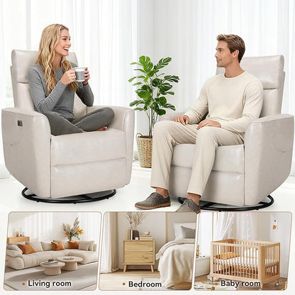Himimi Power Massage Recliner Chair, Oversized Swivel Rocker Chair with Vibration Massage and Heat, Glider Recliner for Adults, USB Charging, Side Pocket, Nursery, Living Room, Bedroom (Ivory)