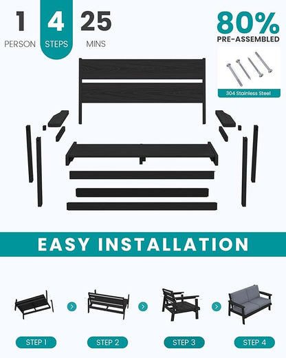 SERWALL HDPE Patio Furniture Set, 5 Piece All Weather Wood-Like Sectional Outdoor Furniture Set, Black Patio Sofa Couch with Grey Cushions for Deck, Lawn