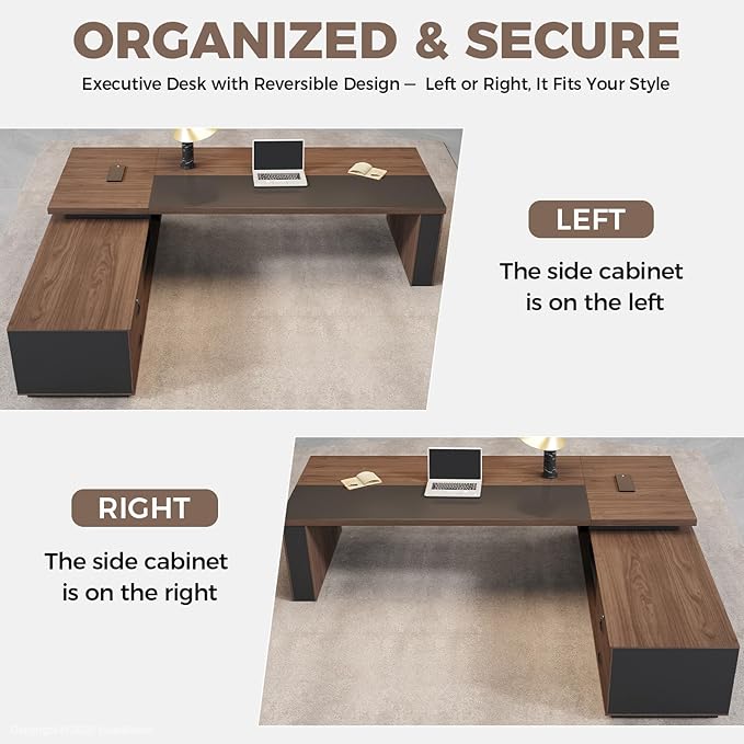 L-Shaped Executive Desk with LED Lights, Lockable Storage & 3-in-1 Charging Station, Reversible Cabinet, Modern Wood Office Desk for CEO, Manager & Home Office(Red Walnut+Black, 95"L*71"W*30"H)