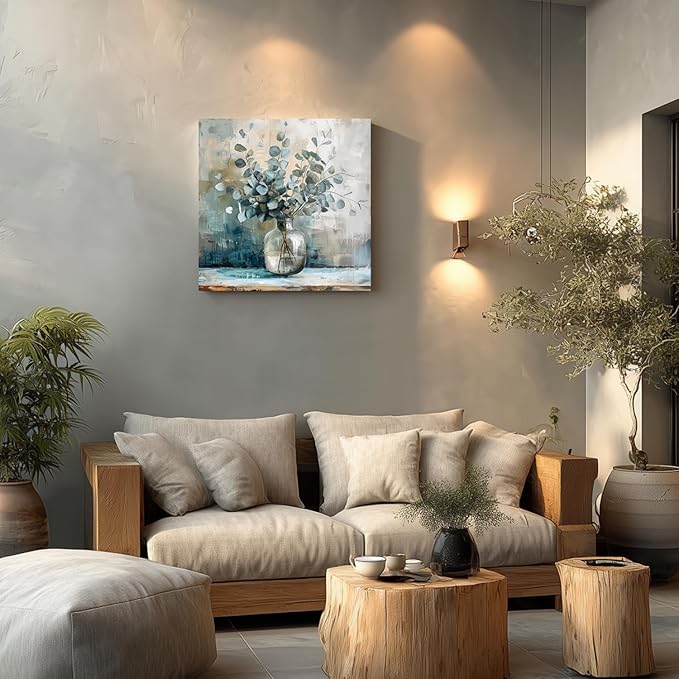 Framed Eucalyptus Leaf Wall Art, Sage Green Botanical Canvas Print, Rustic Farmhouse Bathroom Wall Decor, Soft Blue Floral Aesthetic Picture for Bedroom living Room 16x16 inch