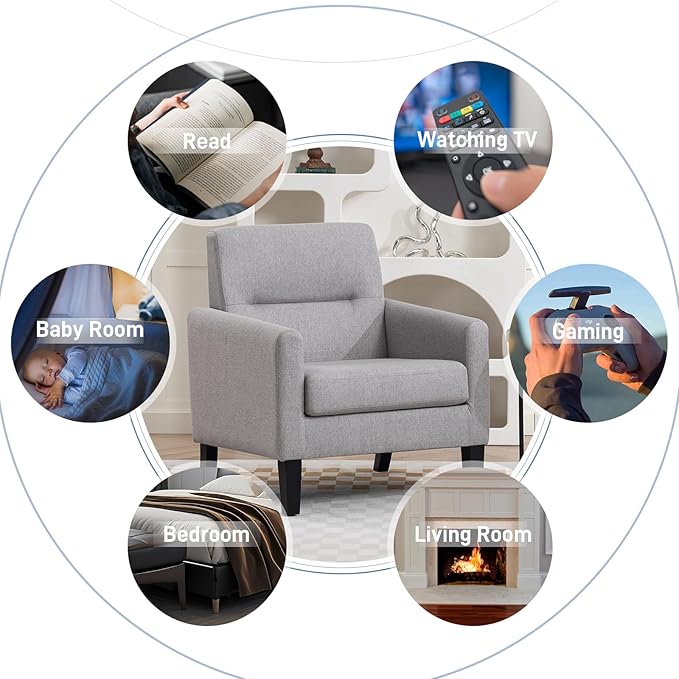 Accent Chairs Set of 2, Mid Century Modern Living Room Chairs Comfy Reading Chair with Upholstered Cushion Relax Armchair for Bedroom Apartment,Office, Light Grey