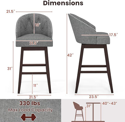 COSTWAY Bar Stools Set of 4, 31’’ Swivel Bar Stools with Rubber Wood Legs & Padded Back, Breathable Linen Fabric, Stylish Tufted Design & Rivet Decoration, Adjustable Foot Pads (4, Grey + Brown)