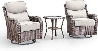 Swivel Patio Chairs Set of 3 with 6" Thick Cushion - Wicker Outdoor Swivel Rocker Patio Chairs with Side Table, High Back Comfortable Outdoor Glider Chair - Brown Wicker | Beige Cushions