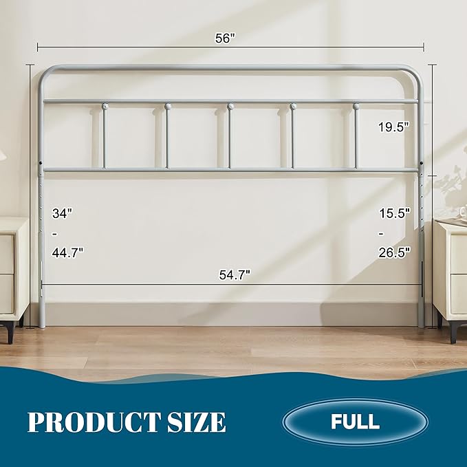 Metal Full Size Headboard, Sturdy and Durable Iron Headboard Adjustable Height from 34” to 44”, Victorian Vintage Full XL Bed Headboards, Farmhouse Head Board, Bed Frame Mount Grey
