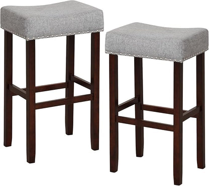 COSTWAY Counter Height Bar Stools Set of 2, 29.5-inch Backless Saddle Stools with Nailhead Trim, Rubber Wood Frame, Footrest, Max Load 330 Lbs, Upholstered Barstools for Kitchen Island Pub, Grey