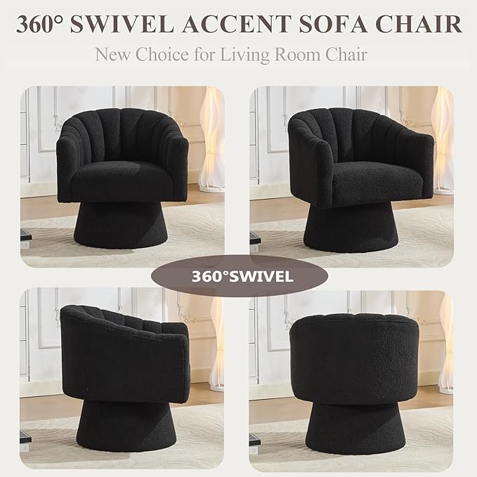 Swivel Accent Chair,Upholstered Teddy 360° Swivel Barrel Chair for Living Room Overstuffed Bouncle Reading Chair Round Armchair for Bedroom,Vanity,Office-Black