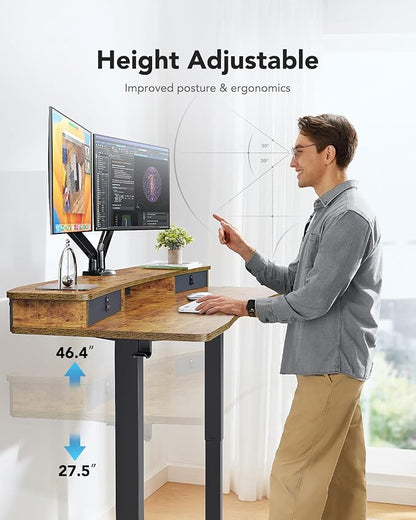 HUANUO 48″ x 24″ Electric Standing Desk with 2 Drawers, C-Clamp Mount Compatible, Height Adjustable Computer Desk, Home Office Stand Up Desk with 4 Preset Heights & 2 Hooks, Vintage Brown