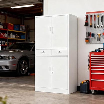 BESFUR Metal Storage Cabinet, Locking Storage Cabinet with Drawers and Adjustable Shelves for Garage, Office, Classroom - White
