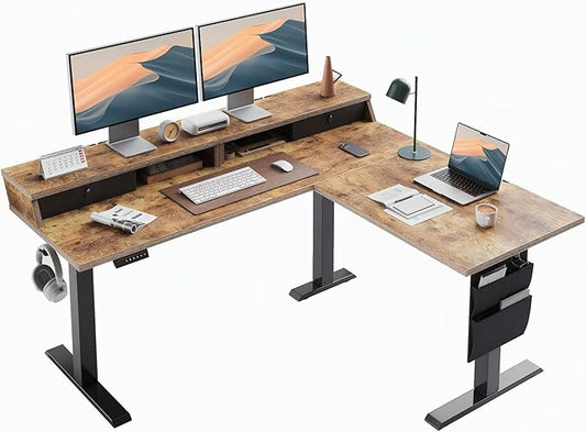 ErGear L Shaped Electric Standing Desk, 63" Ergonomic Corner Height Adjustable Desk with Drawers, Sit Stand Computer Table with Storage for Work Office Home, Vintage Brown