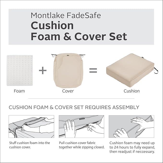 Classic Accessories Montlake Water-Resistant 23 x 25 x 5 Inch Rectangle Outdoor Seat Cushion, Patio Furniture Chair Cushion, Antique Beige, Patio Furniture Cushion Covers