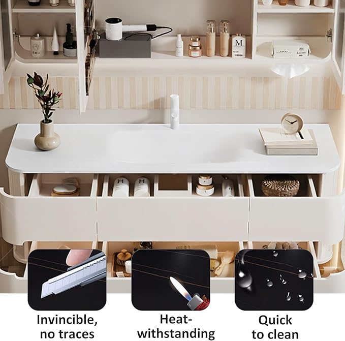 36IN Bathroom Vanity - Bathroom Vanity with Sink with Intelligent Induction Light | Wall-Mounted Bathroom Vanity with Intelligent LED Mirror Cabinet & 6 Drawers, Cream Color