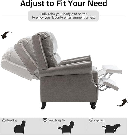 Faux Leather Recliner Chair, Modern Pushback Armchair with Adjustable Backrest & Footrest for Bedroom, Living Room-Grey, 1 SEAT