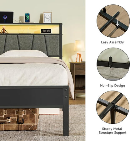 Z-hom Twin Bed Frame with Upholstered Headboard and Footboard, Metal Platform with Dual Storage Compartments, LED Lights and USB Ports, Easy Assembly, Grey