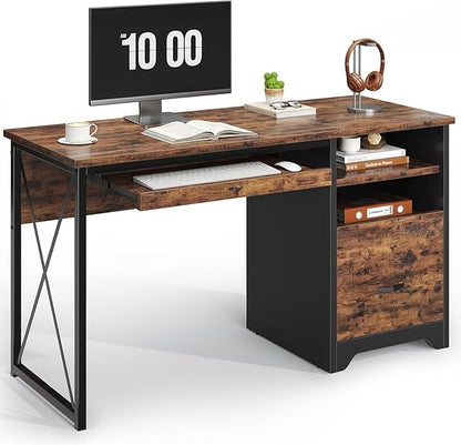 Bestier 47" Computer Desk with Drawers, Home Office Desk with Keyboard Tray, Reversible Industrial Office Desk with Storage Cabinet for Small Space Home Office & Studio, Rustic Brown