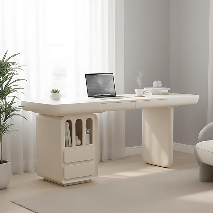 71 Inch White Writing Desk with Storage, Modern Computer Desk with 4 Drawers for Study, Wooden Executive Desk for Home Office