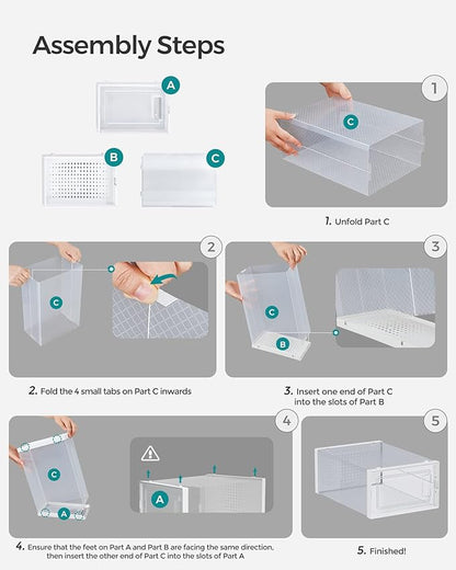 SONGMICS Shoe Boxes, Pack of 12 Shoe Storage Organizers, Stackable Clear Plastic Boxes for Closet, Sneakers, 13.7 x 9.9 x 7.4 Inches, Transparent and White ULSP12MWT
