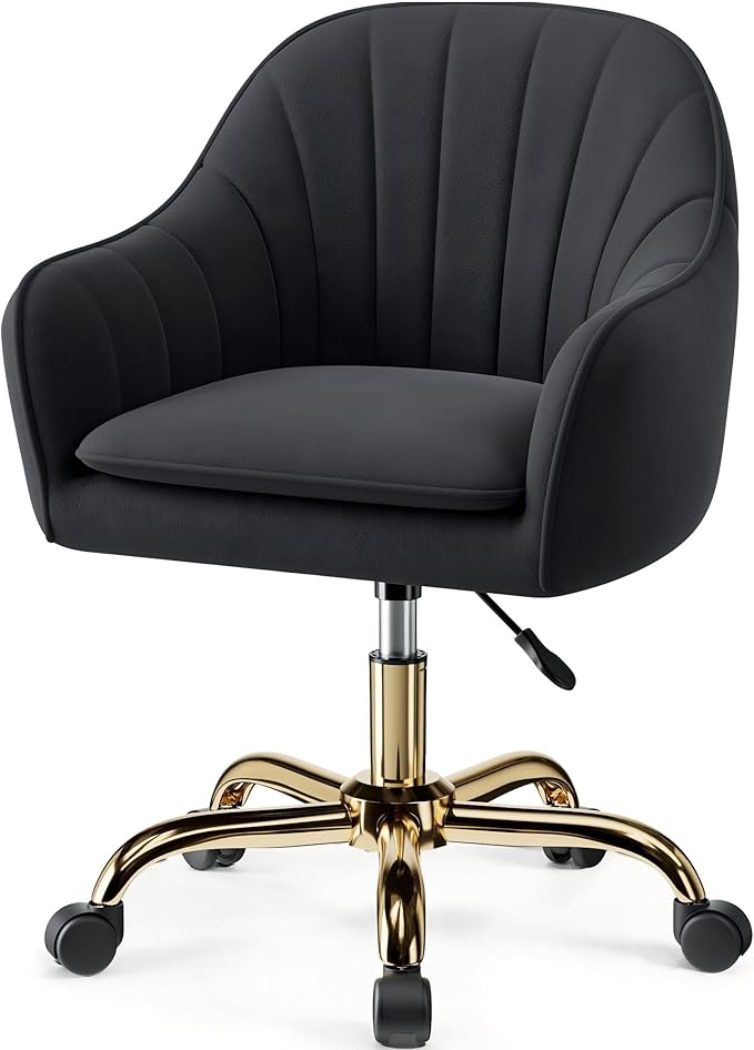 Comfy Home Office Desk Chairs Vanity Chair with Wheels Adjustable Modern Velvet Makeup Vanity Chairs for Bedroom Living Room（Black）