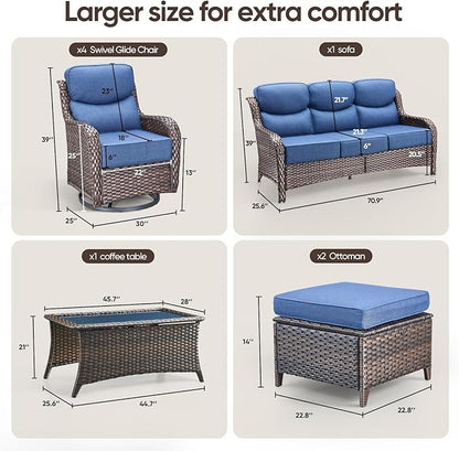 Swivel Patio Chairs sofa Set of 8 with 6" Thick Cushion - Wicker Outdoor Swivel Rocker Patio Chair ,Sofa/Glass coffee table, High Back Comfortable Outdoor Glider Chairs - Brown Wicker - Blue Cushions