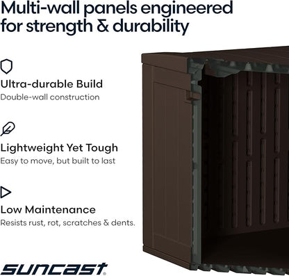 Suncast 134-Gal. Waterproof Resin Extra-Large Outdoor Patio Deck Box with Pad-Lockable Lid, Modern Outdoor Patio Bench/Storage Box for Cushions, Garden Tools, and More, Java