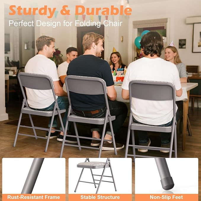 Commercial Grade Folding Chair with Padded Fabric Cushion（16"X16" |Double-hinged Legs Luxury Style|4.5kg Capacity Max Weight 150Kg for Home and Office,Indoor and Outdoor Events (4, Fabric-Beige)