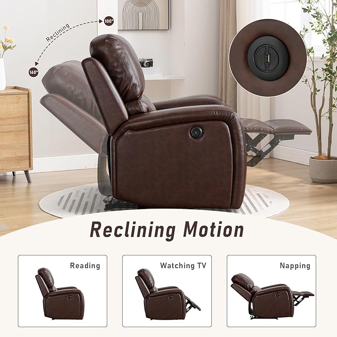Electric Recliner Chair, Soft PU Leather Power Recliners with Padded Backrest, Single Overstuffed Heavy Duty Reclining Sofa for Living Room Bedroom, Brown
