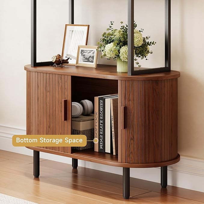 71" Tall Fluted Bookshelf with Sliding Tambour Doors, 4-Tier Mid Century Modern Metal Bookcase Cabinet w/Open Display Storage Shelf, Display Cabinet for Office, Living Room Walnut