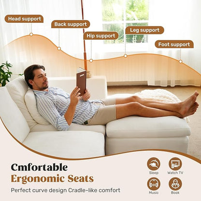 144" Cloud Sectional Couches for Living Room, Convertible U-Shape Couch with Ottoman, 6 Seater Modular Sectional Sofa,Beige Chenille