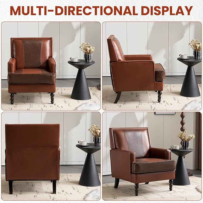 MOJAY Mid-Century Modern Accent Chairs, PU Leather Upholstered Lounge Armchair, Comfy Club Chair for Living Room, Bedroom, Home Office & Study (Brown)