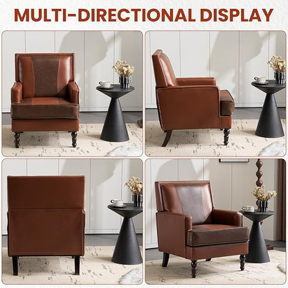 MOJAY Mid-Century Modern Accent Chairs, PU Leather Upholstered Lounge Armchair, Comfy Club Chair for Living Room, Bedroom, Home Office & Study (Brown)