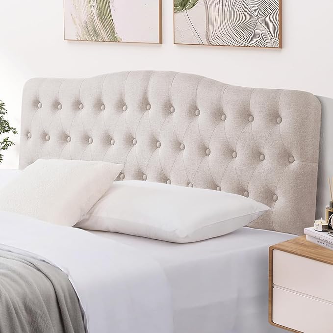 Upholstered Full Headboard, Button Diamond Tufted Headboard with Adjustable Height and Solid Wood Leg, Linen Fabric Padded Headboards for Full Size Bed, Mordern Head Board, Beige