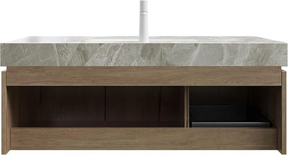 48 Inch Floating Bathroom Vanity with Sink, Wall-Mounted Bathroom Vanity with Drawer and 2 Doors, Light Gray Sintered Stone Countertop and Ceramic Basin, Pre-Assembled, White Oak Woodgrain