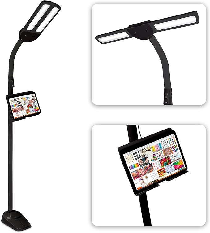Ottlite Dual Shade LED Standing Floor Lamp with Adjustable Stand - Wide Range of Illumination with Built-in 2.1A USB Charging Port and Flexible Neck - 4 Brightness Settings for Reading & Studying