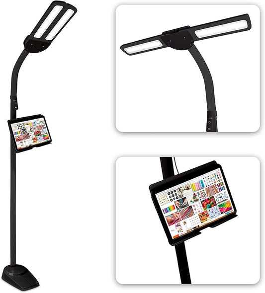 Ottlite Dual Shade LED Standing Floor Lamp with Adjustable Stand - Wide Range of Illumination with Built-in 2.1A USB Charging Port and Flexible Neck - 4 Brightness Settings for Reading & Studying