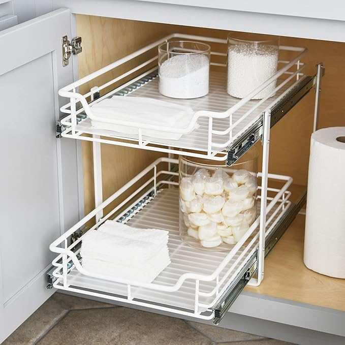 Household Essentials Glidez Multipurpose Paint-Finished Steel Pull-Out/Slide-Out Storage Organizer for Under Cabinet Use - 2-Tier Design - Fits Standard Size Cabinet or Shelf, White