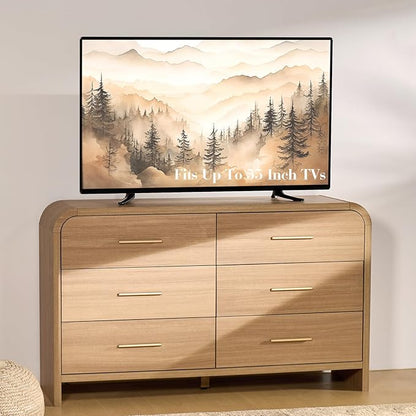 Curved 6-Drawer Dresser for Bedroom, 54" Wide Modern Chest of Drawers, Vanity Desk TV Stand for Living Room, Closet Storage Drawers Organizer Furniture, Nursery, Hallway, Oak