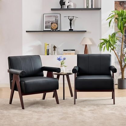 STHOUYN Black Leather Accent Chairs Set of 2, Mid Century Modern Accent Chair, Side Arm Chairs for Living Room, Office Guest Waiting Room Chairs (2, Black)
