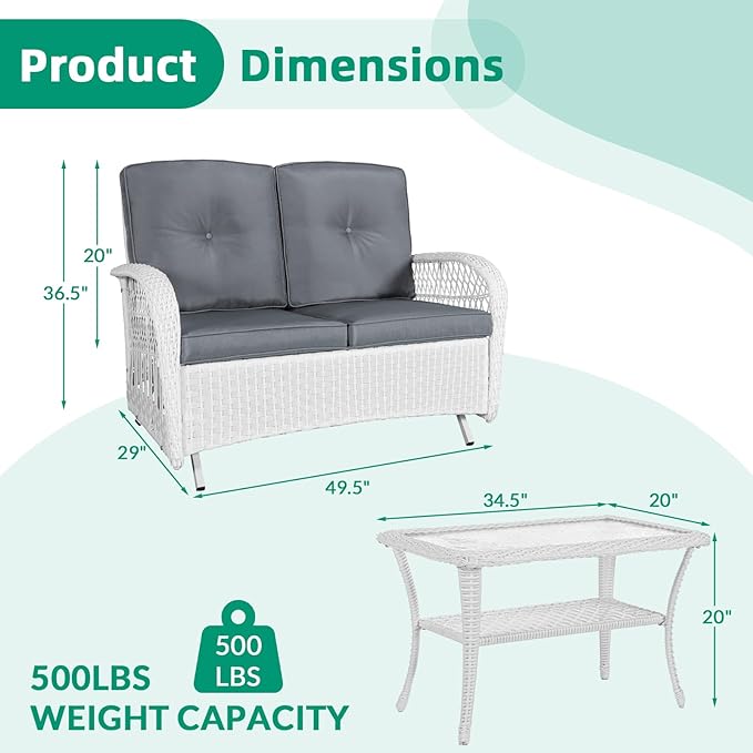 VIVIJASON 2-Piece Patio White Wicker Loveseat Glider Set Cushioned, Outdoor Conversation Furniture Sets with 2-Seater Glider Rocking Bench, Coffee Table and Cushions for Porch Garden Poolside, Grey