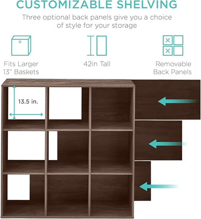 Best Choice Products 9-Cube Storage Organizer, 13.5in Shelf Opening, Bookcase, Display Shelf, Customizable w/ 3 Removable Back Panels – Walnut