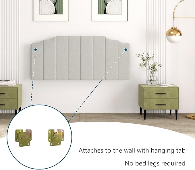 Queen Size Headboard Only, Linen Wall Mounted Headboard Queen/Full Size for Adjustable Bed, Modern Vertical Channel Design with Curved Tufted Upholstered Head Board, Linen Gray