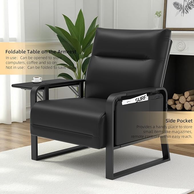 Faux Leather Accent Chairs Set of 2 with Flip Up Tray Tables Soft Backrest for Living Room Office Bedroom Modern Accent Chairs, Black