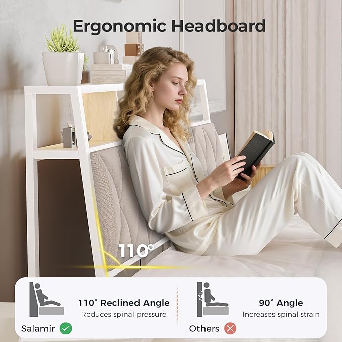 Queen Headboard Only, Headboard for Queen Size Bed with Storage, Upholstered Headboards with LED Lights & Charging Station, Attach Frame, Ideal for Bedroom/Dorm/Guest Room, White & Beige