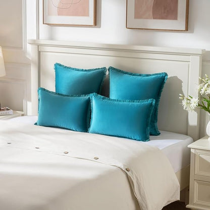 FUTEI Teal Velvet Decorative Throw Pillow Covers 18x18 Set of 2,Soft Cozy Edge with Tassels Cushion Case,Boho Modern Home Decor for Couch Bed Living Room