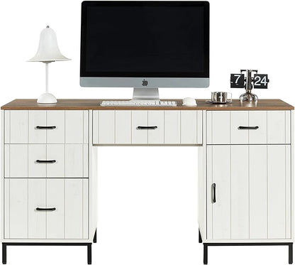 55" Executive Desk, Modern Wood Office Table with Charging Station, 5 File Drawer & 1 Storage Cabinet, Home Computer Writing Desk for Work Study, Living Room, Bedroom (White)