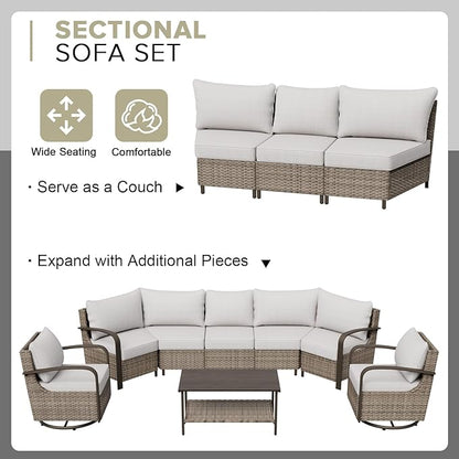COOS BAY Aurora Terrace Half-Moon Outdoor Furniture Set, Rattan Conversation Set with Swivel Rockers, Curved 5-Seat Sofa, Coffee Table & Side Table, Seats 7, Beige/Beige