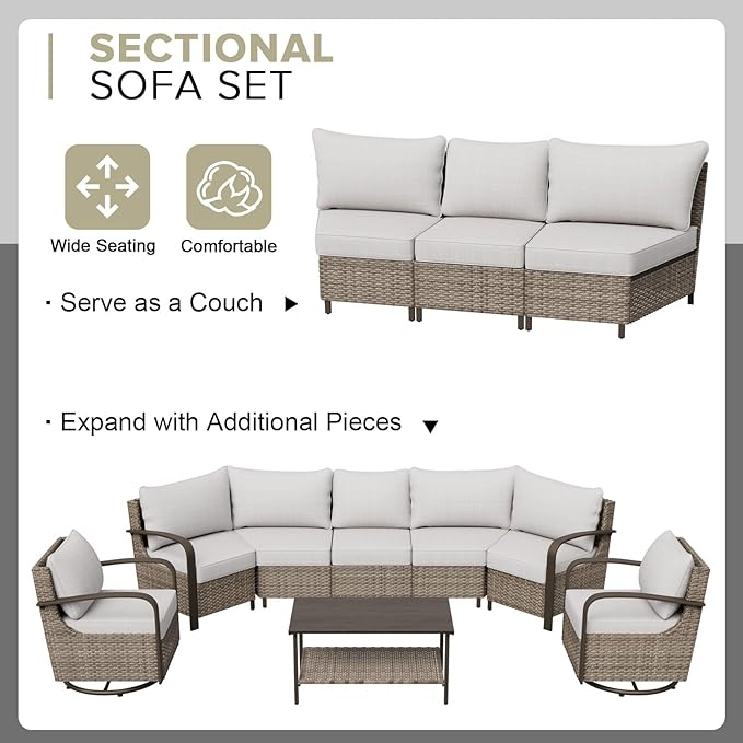COOS BAY Aurora Terrace Half-Moon Outdoor Furniture Set, Rattan Conversation Set with Patio Chairs, Curved 5-Seat Sofa, Coffee Table, Seats 7, Beige/Beige