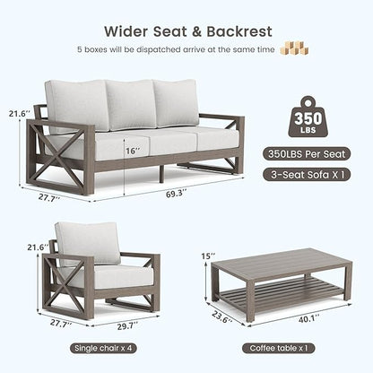 UDPATIO Aluminum Patio Furniture Set, 4 Piece Faux Wood Outdoor Patio Sets with Coffee Table, Metal Patio Furniture Set Modern Outdoor Sectional for Deck Porch Patio, Light Grey