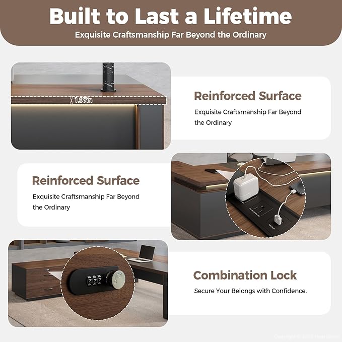 L-Shaped Executive Desk with LED Lights, Lockable Storage & 3-in-1 Charging Station, Reversible Cabinet, Modern Wood Office Desk for CEO, Manager & Home Office(Black Walnut+Khaki, 95"L*71"W*30"H)
