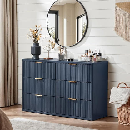 LEYAOYAO Fluted 6 Drawers Dresser, 48" Wide Modern Chest of Drawers with Woodgrain Top, Curved Profile Design, Dresser TV Stand, Wood Drawer Organizer for Bedroom, Living Room, Hallway,Blue