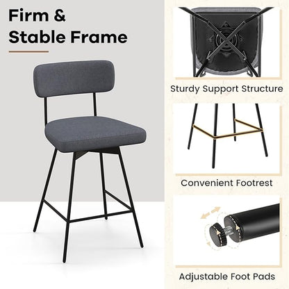 COSTWAY Bar Stools Set of 2, 25” Upholstered Counter Height Bar Stools with Back, 360° Swivel Dining Chairs with Heavy-Duty Metal Legs and Footrests, for Kitchen Island, Dining Room, Bar (2, Grey)